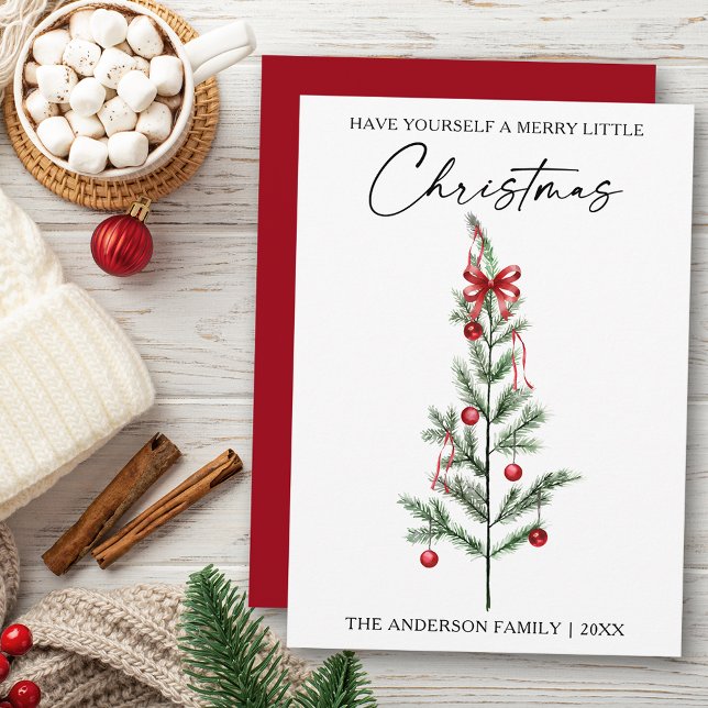 Calligraphy Watercolor Red Bow Christmas Tree Holiday Card (Customize to change your personalized text size or text style.)
