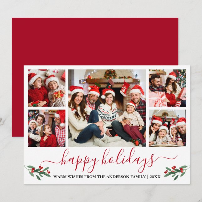 Calligraphy Watercolor Red Holly 5 Photo Holiday Card (Front/Back)