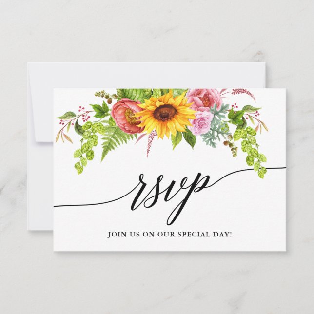 Calligraphy Watercolor Sunflower Floral Wedding RSVP Card (Front)