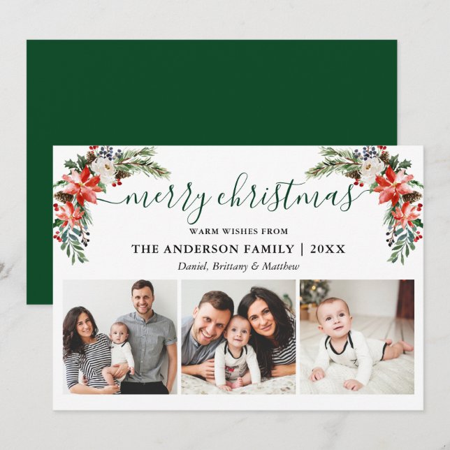 Calligraphy Watercolor Winter Floral 3 Photo  Holiday Card (Front/Back)