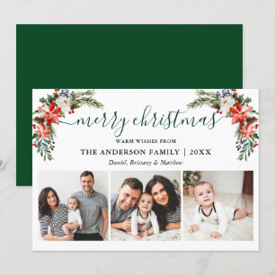 Calligraphy Watercolor Winter Floral 3 Photo Holiday Card