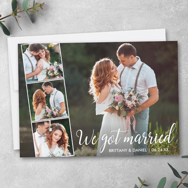 Calligraphy We Got Married 4 Photo Announcement (Customize to add text or more photos to back of card.)