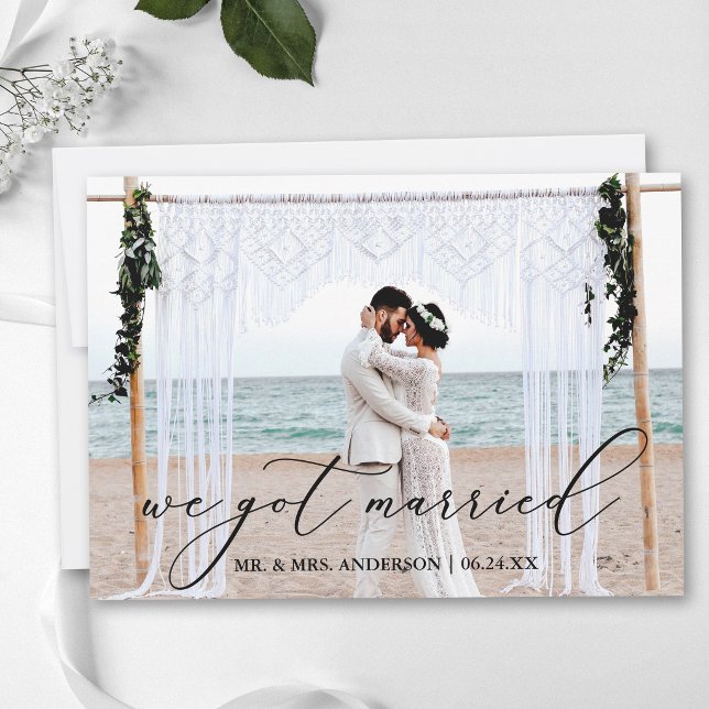 Calligraphy We Got Married Photo Wedding Card (Customize to add text to back of card.)