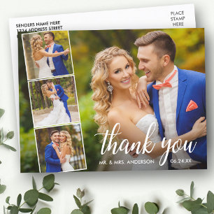 Calligraphy Wedding 4 Photo Collage Thank You Postcard