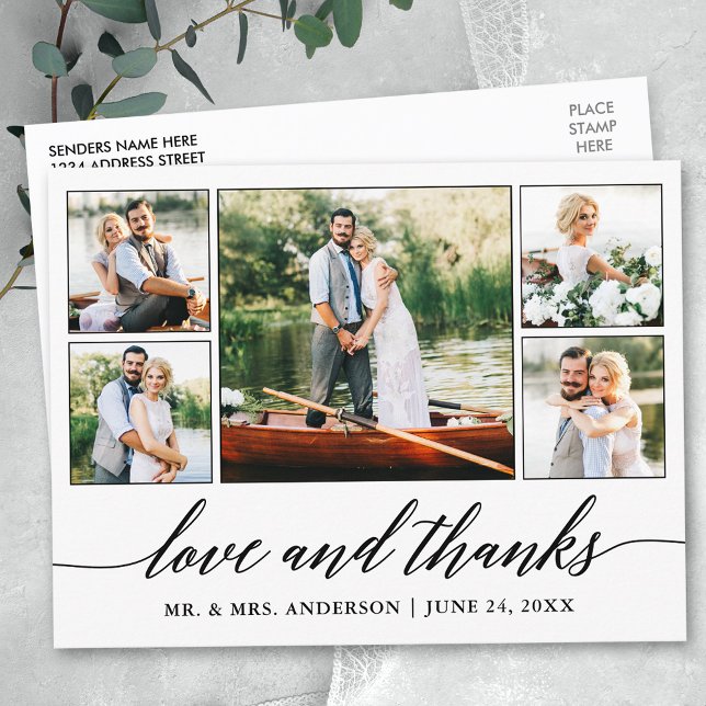 Calligraphy Wedding 5 Photo Love and Thanks Postcard (Customize to change your personalized text size or text style.)