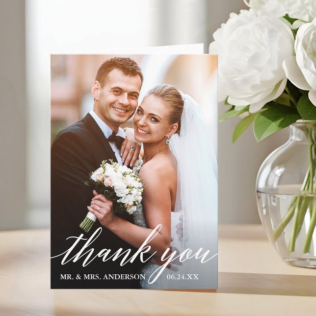 Calligraphy Wedding Bride and Groom Photo Fold Thank You Card (Customize to add text or more photos inside of card.)