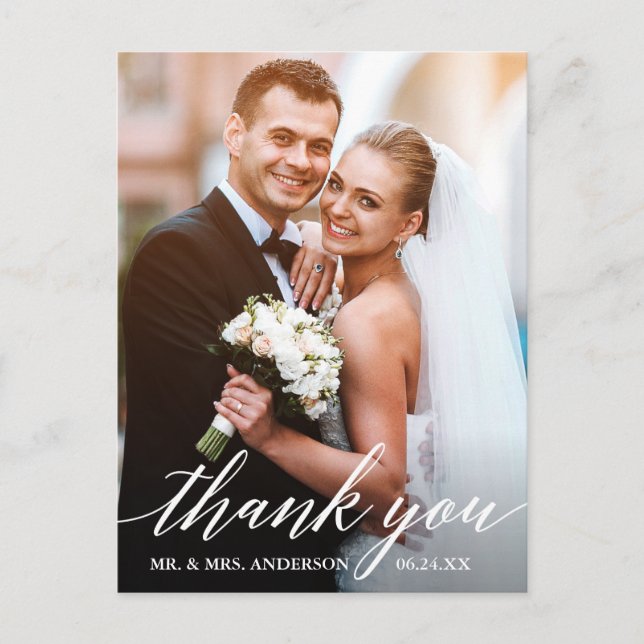 Calligraphy Wedding Bride Groom Photo Thank You Postcard (Front)