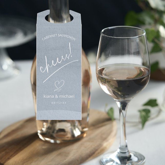 Calligraphy Wedding Cheers Dusty Blue ID771 Bottle Tag (Wine Bottle In Situ)
