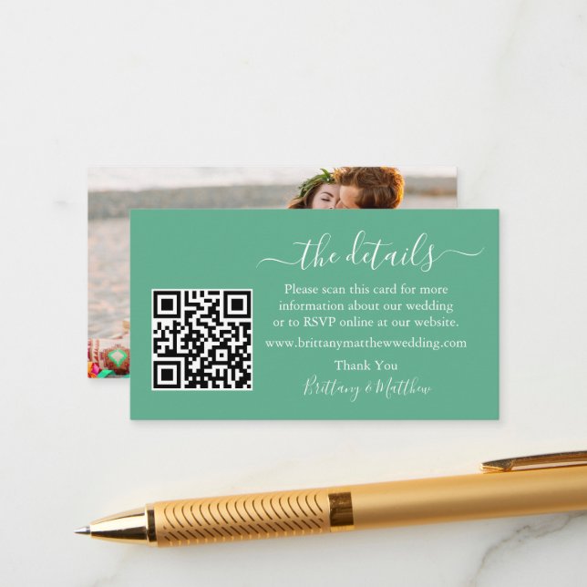 Calligraphy Wedding Details QR Photo Mint Green Enclosure Card (Front/Back In Situ)