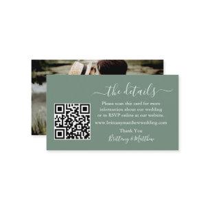 Calligraphy Wedding Details QR Photo Sage Green Enclosure Card