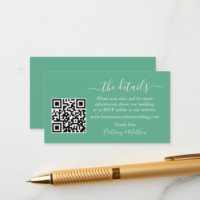 Calligraphy Wedding Details Website QR Mint Green Enclosure Card (Front/Back In Situ)
