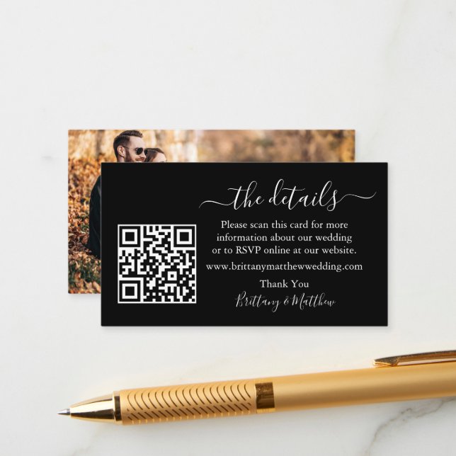 Calligraphy Wedding Details Website QR Photo Black Enclosure Card (Front/Back In Situ)