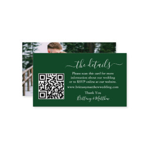 Calligraphy Wedding Details Website QR Photo Green Enclosure Card