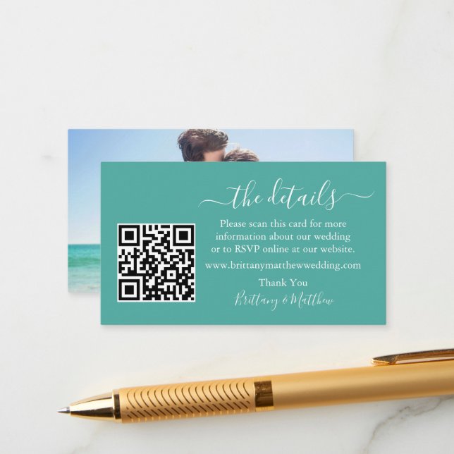 Calligraphy Wedding Details Website QR Photo Teal Enclosure Card (Front/Back In Situ)