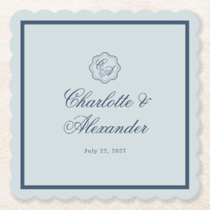 Calligraphy Wedding Dusty Blue Paper Coaster