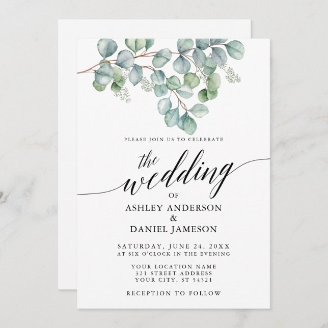 Calligraphy Wedding Eucalyptus Greenery Photo Invitation (Front/Back)