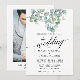 Calligraphy Wedding Eucalyptus Greenery Photo Invitation