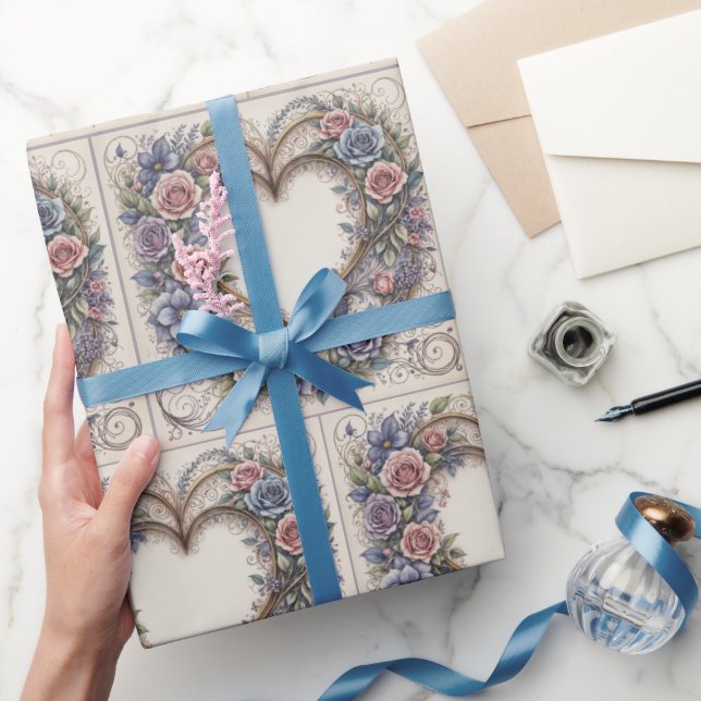 Calligraphy Wedding Hearts and Roses Wrapping Paper (Gifting)