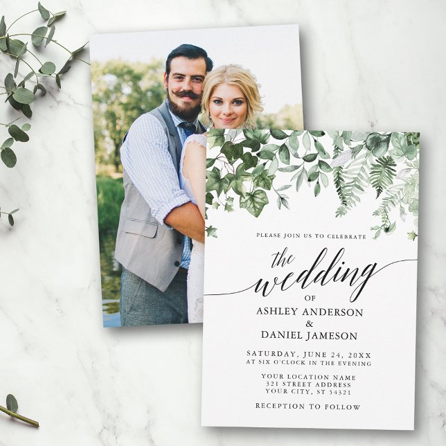Calligraphy Wedding Ivy Sage Greenery Photo Invitation (Customize to change your personalized text size or style.)