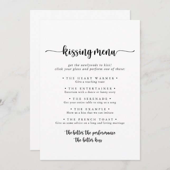 Calligraphy Wedding Kissing Menu Game Card (Front/Back)