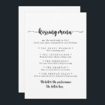 Calligraphy Wedding Kissing Menu Game Card<br><div class="desc">This calligraphy wedding kissing menu game card is perfect for a rustic wedding reception. The simple and elegant design features classic and fancy script typography in black and white.</div>