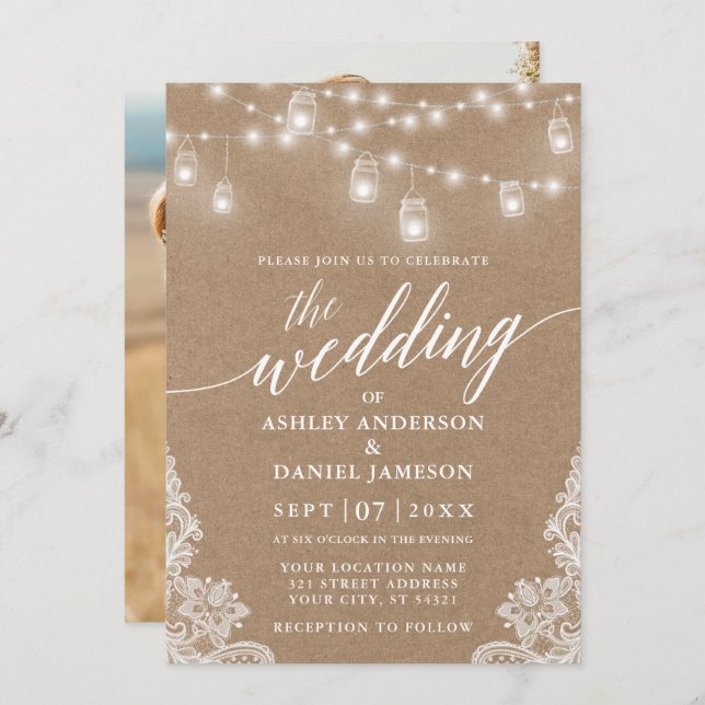 Calligraphy Wedding Lights Lace Kraft Photo Invitation (Front/Back)