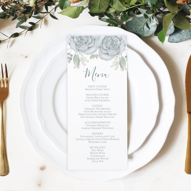 Calligraphy Wedding Menu Elegant Blue Floral (Creator Uploaded)