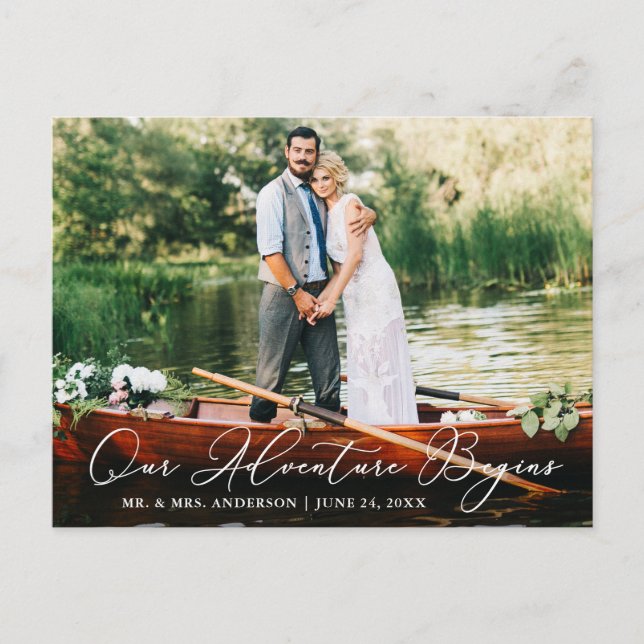 Calligraphy Wedding Our Adventure Begins Postcard (Front)