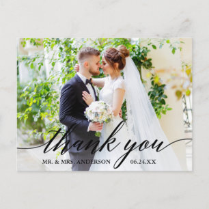 Calligraphy Wedding Photo Bride Groom Thank You B Postcard