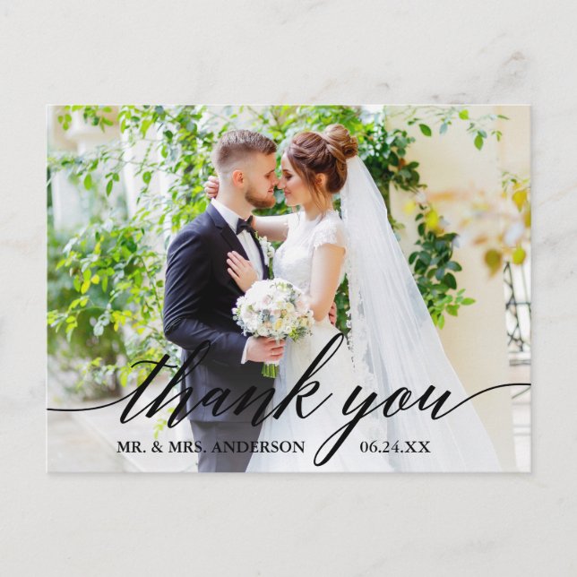 Calligraphy Wedding Photo Bride Groom Thank You B Postcard (Front)