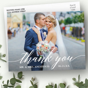 Calligraphy Wedding Photo Bride Groom Thank You W Postcard