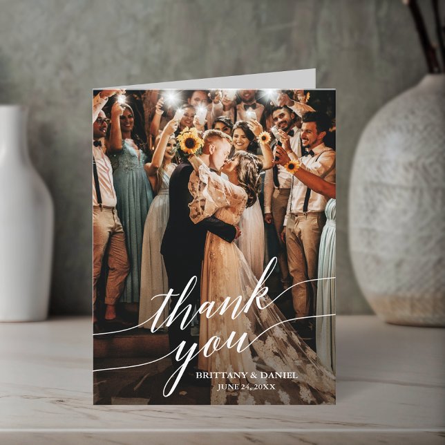 Calligraphy Wedding Photo Script Overlay Note Thank You Card (Customize to add text or more photos inside of card.)