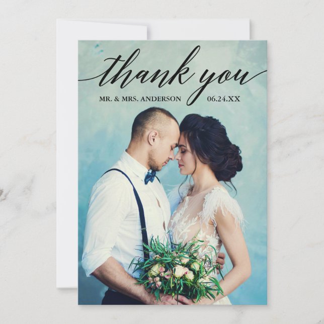 Calligraphy Wedding Photo Thank You Card (Front)