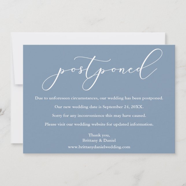 Calligraphy Wedding Postponed Dusty Blue Card (Front)