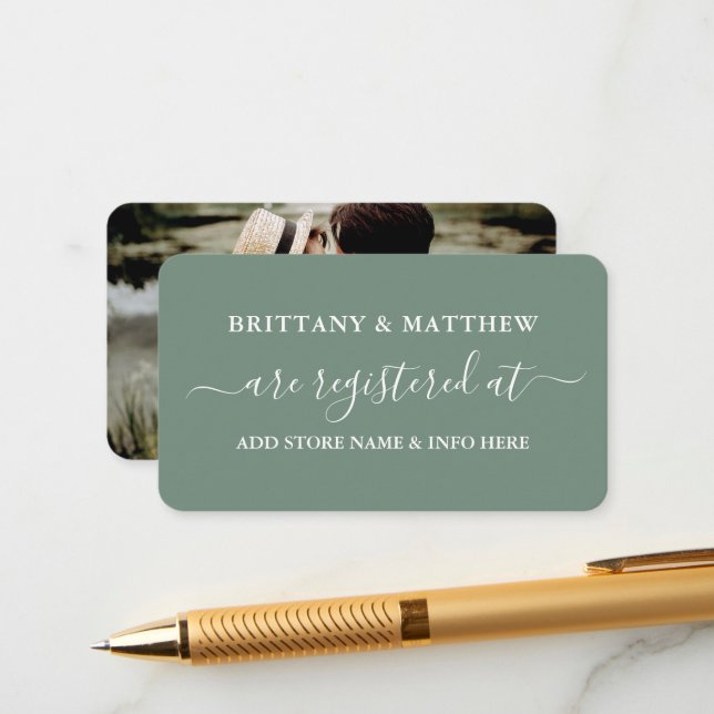 Calligraphy Wedding Registry Photo Sage Green Enclosure Card (Front/Back In Situ)