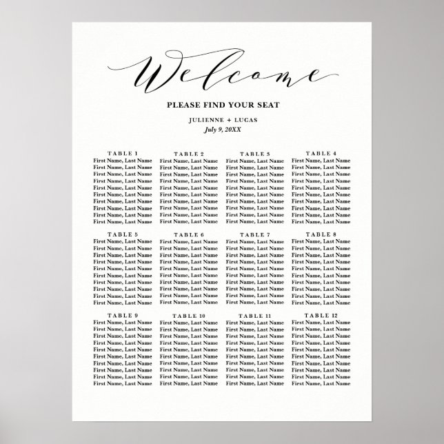 Calligraphy  Wedding Seating Chart | Black (Front)