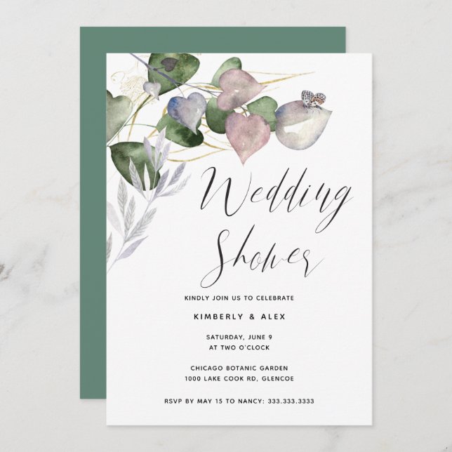 Calligraphy Wedding Shower Watercolor Eucalyptus Invitation (Front/Back)