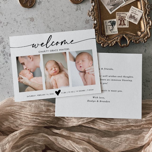 Calligraphy Welcome Photo Baby Announcement Card (Creator Uploaded)