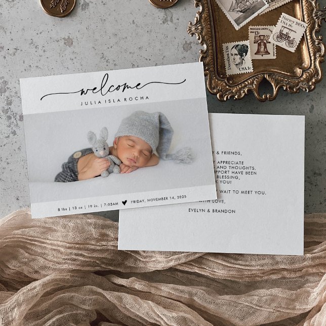 Calligraphy Welcome Photo Birth Announcement Card (Creator Uploaded)