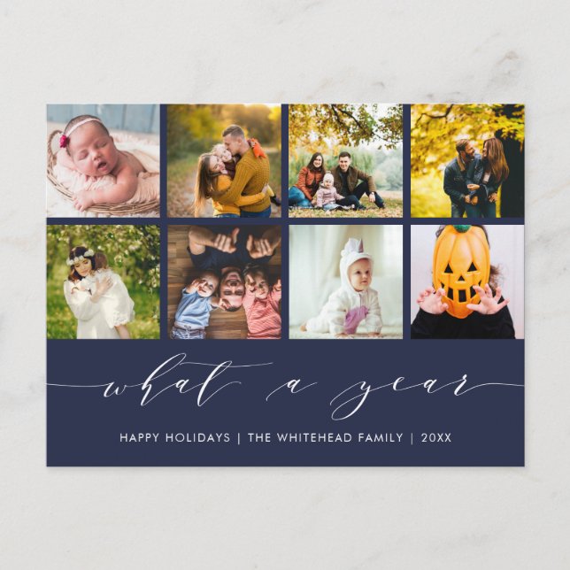 Calligraphy What a Year Navy Blue Photo Collage Holiday Postcard (Front)