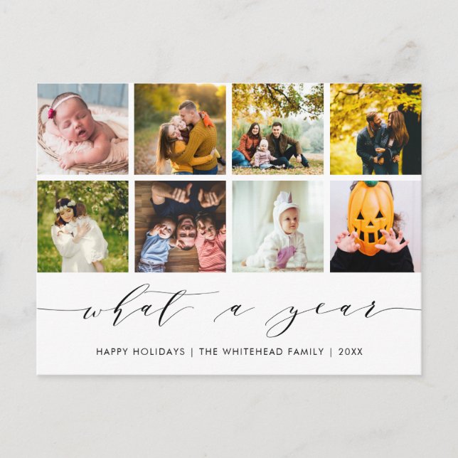 Calligraphy What a Year White Photo Collage Holiday Postcard (Front)