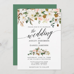 Calligraphy White Magnolias Roses Wedding Invitation