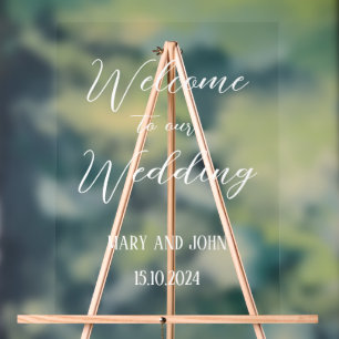 Calligraphy white stylish script wedding welcome acrylic sign