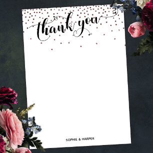 Calligraphy with Hearts and Rose Gold Confetti Thank You Card