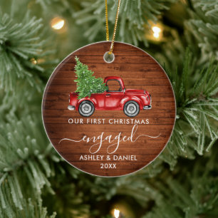 Calligraphy Wood First Christmas Engaged Truck Ceramic Tree Decoration