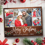 Calligraphy Wood Holly 5 Photo Couple Christmas  Postcard<br><div class="desc">Modern Fun Calligraphy Script 5 Photo Couple Photo Collage Merry Christmas Postcard includes Watercolor Christmas Holly Berries - Rustic Country Wood</div>