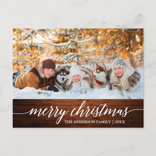 Calligraphy Wood Merry Christmas Family Photo Postcard (Front)