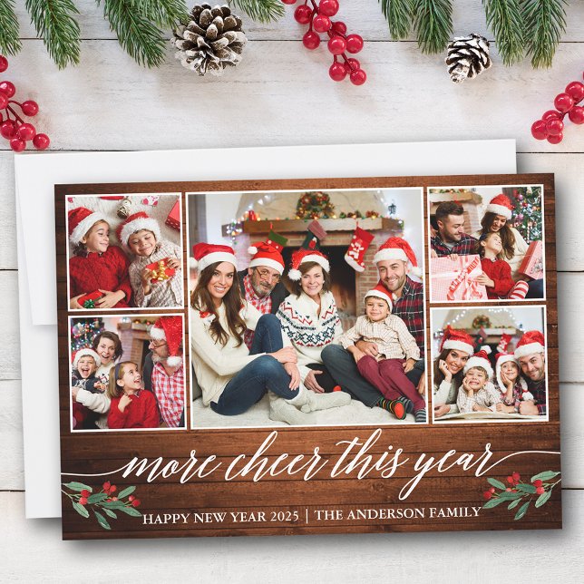 Calligraphy Wood More Cheer This Year 5 Photo  Holiday Card (Customize to add text to back of card.)