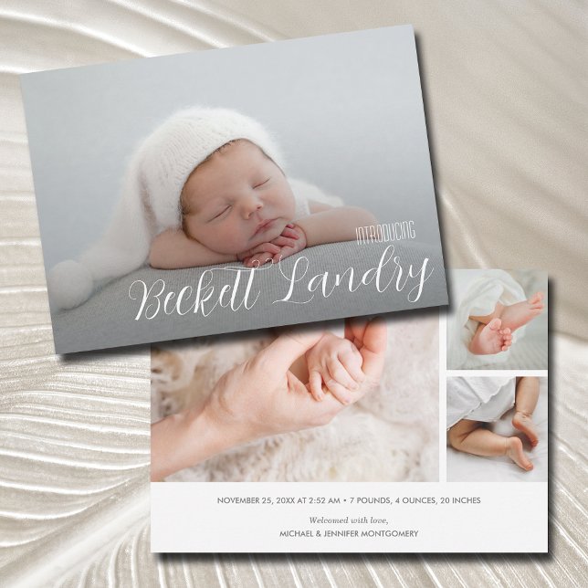 Calligrapy Script Photo Collage Birth Announcement (Creator Uploaded)
