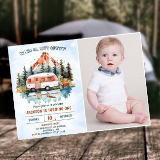 Calling All Campers 1st Birthday Camping Photo  Invitation